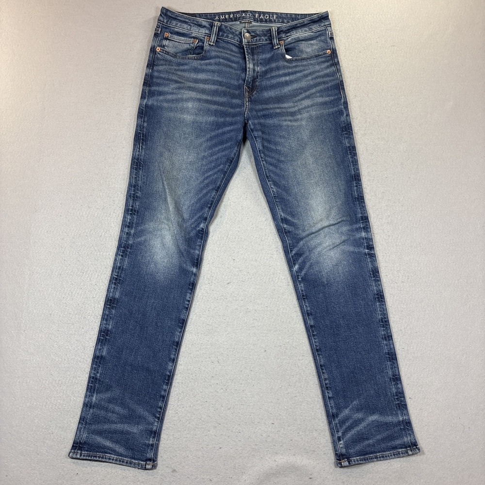 American Eagle Jeans Mens 32x34 Slim Straight Airflex Denim All Over Whiskers